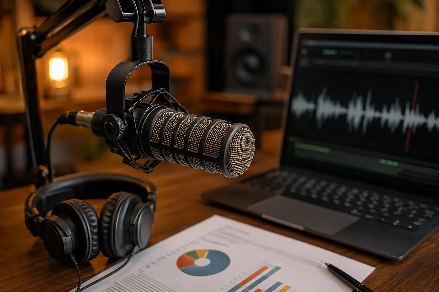 Podcast microphone, headphones and a printed report on a studio desk